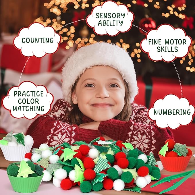 160 Pcs Christmas Tree Sensory Bin Items Christmas Counting Sorting Sensory Bin Filler Fine Motor Red Green Counts for Xmas Counting Decor