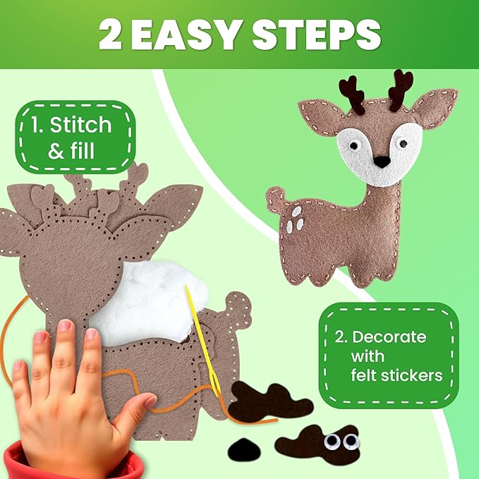 QUOKKA Kids Crafts Ages 4-8, DIY Beginner Needle and Thread Kit - 12 Wild Animals Sewing Kit Basic - Fun Arts Crafts for Kids Ages 6-8 Girls Boys - Plastic Needles, Scissors - 6+ Year Old Girl Gifts