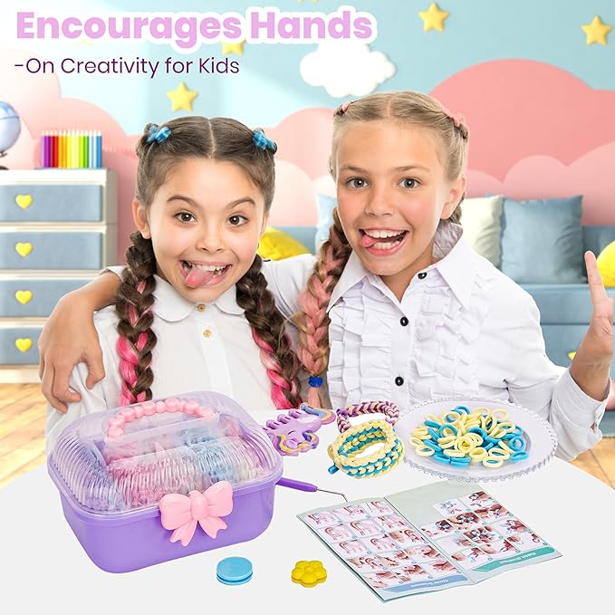 FUTESI Bracelet Making Kit for Girls Ages 8-12, Weaving Rainbow Bands kit,DIY Toys for Friendship Birthday Gifts for Kids 6 7 9 10 11 13 Year Old, 1200+ Elastic Cloth Rubber Band Fabric Loops