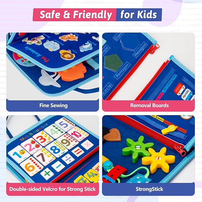 Toddler Busy Board Montessori Toys for 3 4 5 6Year Old, Preschool Learning Activities with Life Skills,ABC,123,Shape,Color,Animal,Weather,Toddler Travel Toys，Educational Activity Developing Sensory