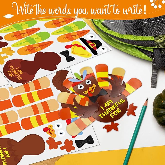 24 Sets Thanksgiving Turkey Craft Kits Fall Ornaments Decorations Art Sets DIY Autumn Make a Turkey Crafts Stickers Arts and Crafts for Toddler Party Classroom Activities