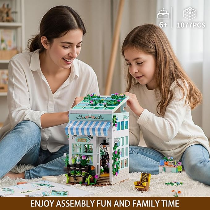 Flower House Building Set with LED Light, 1077 PCS Greenhouse Model Building Toy with Flowers Potted Plants, Garden House Book Nook Home Decor Birthday Gift for Adults Teens Girls Age 8-12