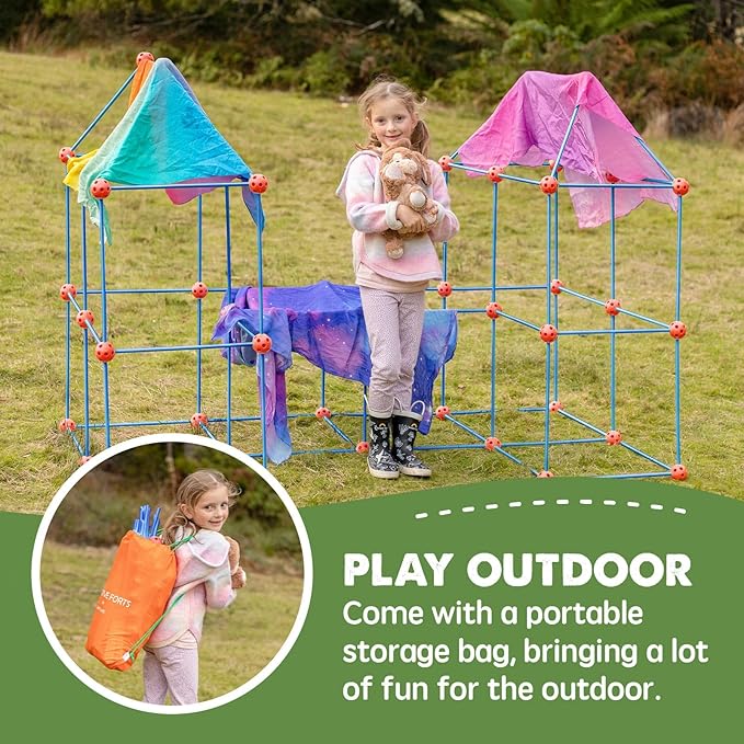 Tiny Land Fort Building Kit Creative Fort Indoor Outdoor for 5,6,7,8 Years Old Boys and Girls STEM Building Toys with Storage Bag DIY Castles Tunnels with 86 Rods and 44 Balls