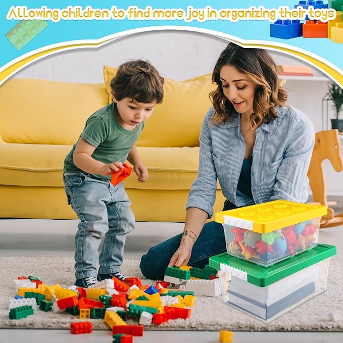 Vicenpal 4 Pack Toy Storage Containers with Lids Brick Shaped Kids Toy Organizer Box Plastic Clear Stackable Bin Chest for Building Block Dolls(Large, X-Large,Red, Yellow, Blue, Green)