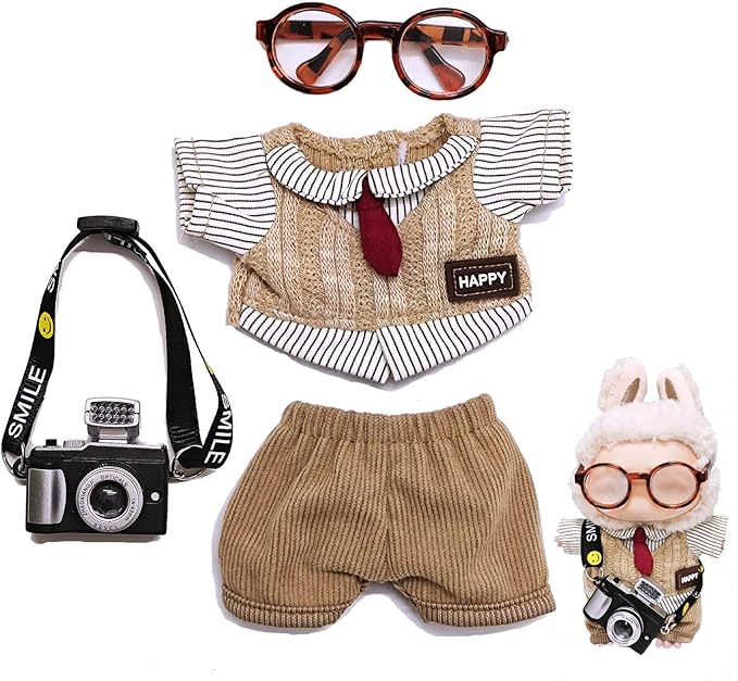 Doll Clothes Set for 17cm Doll Compatible with Labubu Clothes Dolls Accessories Dress Up Suitable for 6.7" Dolls (No Doll) (Brown Dress)