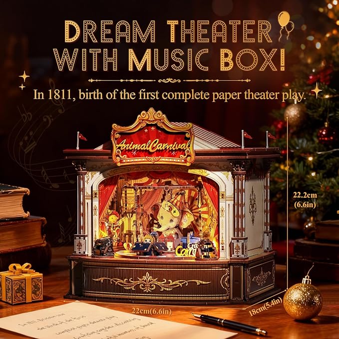 CUTEBEE 3D Puzzles Wooden Theater for Adults - DIY Music Box Rotating Miniature House Kit Model Building Set with LED Light, Home Bookshelf Decor, Unique Birthday Gifts (Animal Carnival)