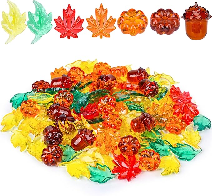 DomeStar 120PCS Fall Decorations Acrylic Pumpkin, Fall Sensory Bin Filler Vase Gems Plastic Leaves Acorns Maple Leaves for Crafts Thanksgiving Decor