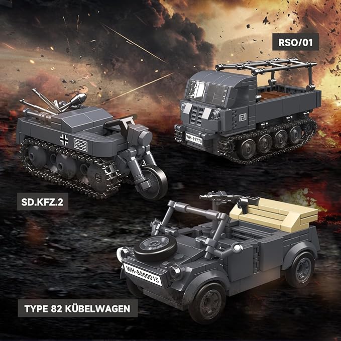 4 IN 1 WW2 Army Tanks Toy Building Block Set(1089 Pcs),Compatible with Lego,Create German 38T-A Light Tank&3 German Style Small Military Vehicles Models Great Military Toy Gift for Boy Age 6+ Year Old