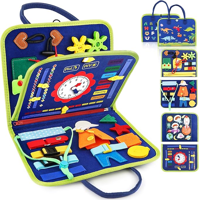 Toddler Busy Board, Montessori Sensory Toys for Boys, 1-4 Year Old Girl Toddler Travel Toys, Educational Learning Activities Board for Motor Skills, Birthday Gifts for Airplane Car, Blue Dinosaur