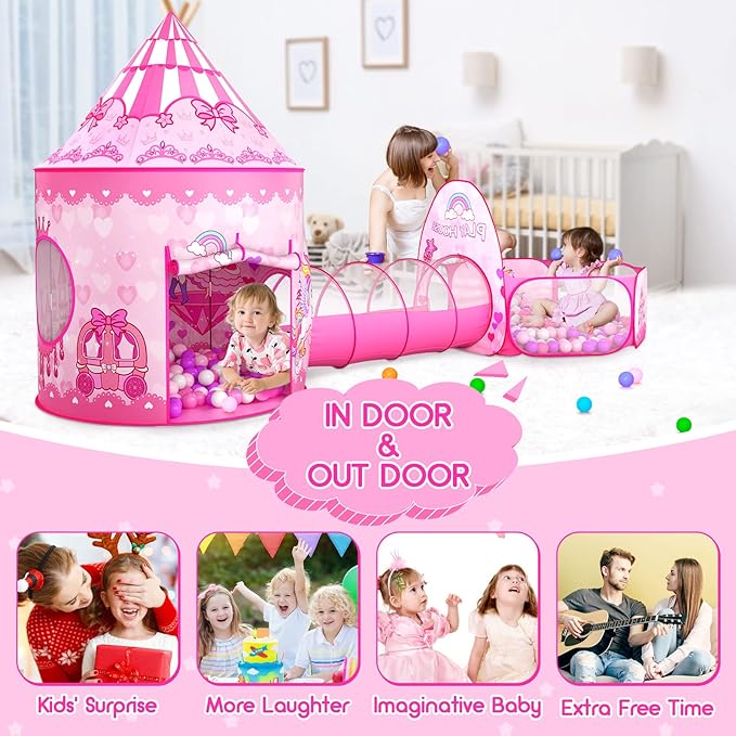 3pc Kids Play Tent for Girls with Ball Pit, Crawl Tunnel, Princess Tents for Toddlers, Baby Space World Playhouse Toys (3PC Princess Dream Tent)