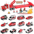 Oriate Fire Truck Vehicle Toys with Flatbed Trailer & Various Traffic Road Signs, Diecast Firetruck for 3 4 5 6 7 Year Old Boys Girls, Ambulance, Helicopter, Fire Rescue Theme Stickers
