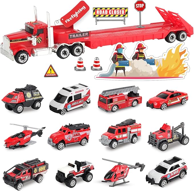 Oriate Fire Truck Vehicle Toys with Flatbed Trailer & Various Traffic Road Signs, Diecast Firetruck for 3 4 5 6 7 Year Old Boys Girls, Ambulance, Helicopter, Fire Rescue Theme Stickers