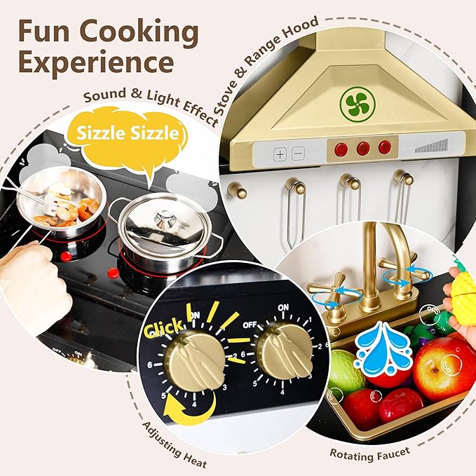 Kinder King Wooden Kids Play Kitchen, Toy Kitchen Playset for Toddler, Play Kitchen Set w/Real Sounds, Pretend Coffee Machine, Kitchen Hood, Sink, Ice Maker, Gift for Boys Girls Age 3+, Black