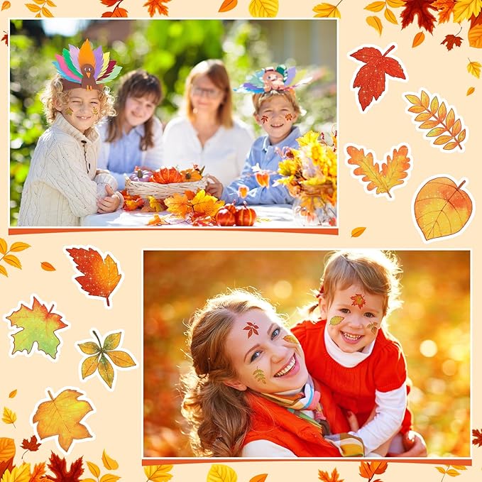 Landhoow 240 Pcs Fall Glitter Temporary Tattoos Fall Leaves Glitter Tattoos Maple Elm Leaves Seasonal Face Temporary Sticker for Autumn Themed Party Body Face Supply