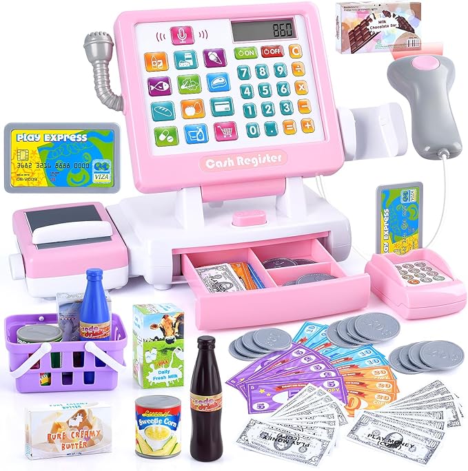PLAY Kids Cash Register Toy - Pretend Play Calculator Register Toys with Microphone/Conveyors/Play Money/Scanner/Credit Card/Cans/Drink, 3+ Toddler Develops Early Math Skills Learning Toys