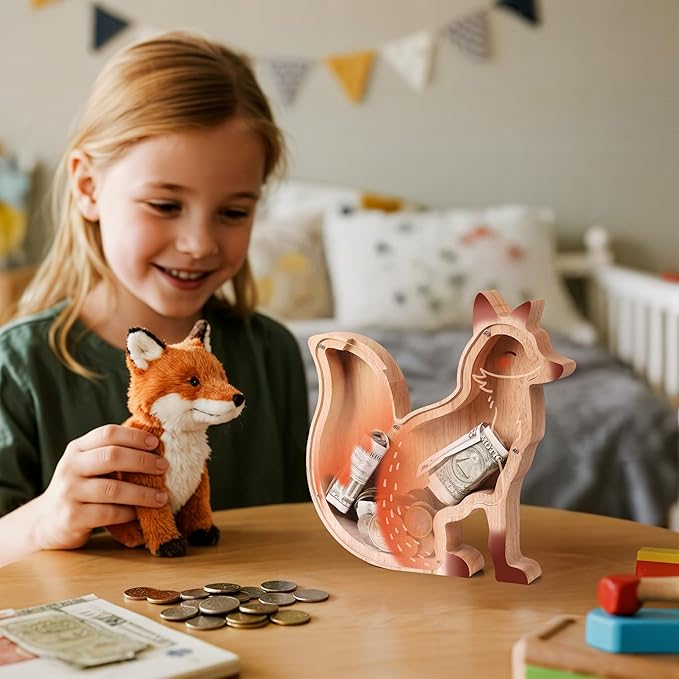 Wooden Fox Piggy Banks for Kids, Adorable Fox Piggy Bank with Acrylic Panels, Unbreakable Toddler Money Box for Girls Adults Boys, Cute Saving Coin Jar for Birthday Décor
