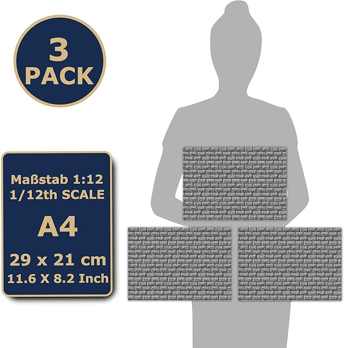 3 Sheets Self-Adhesive Wall Cladding for Dollhouse 1:12 Scale (Historic Rock Wall)