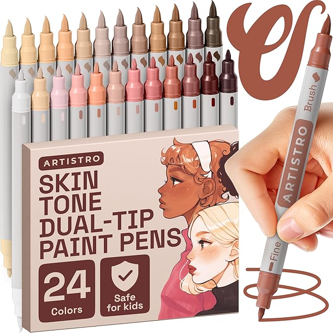 ARTISTRO 24 Skin Tone Dual Tip Brush + Fine Acrylic Paint Pens Ideal for Calligraphy - Paint Markers for Fabric, Rock, Glass, DIY - Stocking Stuffers, Christmas Gift Idea for Teens, Grandkids, Kids