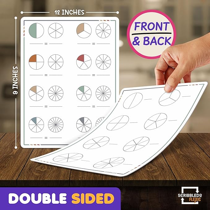 SCRIBBLEDO Fraction Manipulatives 9”x12” Small White Board Dry Erase Sheets Math Manipulatives 1st Grade Students 2nd Grade Fractions Homeschool Supplies Teacher Classroom Pack of 10 Sheets