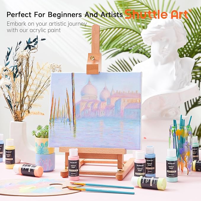 Shuttle Art 40 Pack Pastel Acrylic Paint Set, 30 Colors, 60ml/2oz Bottles, High Viscosity, Water-proof With 10 Paint Brushes for Painting &Crafting on Canvas, Rock, Ceramic, Fabric, Clay