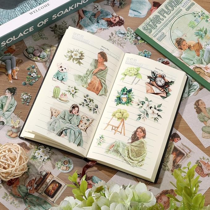 Auguro Scrapbooking Stickers 20 Sheets Pre-Cut 120 washi Stickers PET People Sticker Books for journaling Scrapbook Supplies transparent reading Girls Journal Sticker