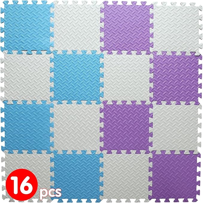 Play Mat for Babies 0-6 Months, Solid Colored Foam Floor Mat, Eva Non-Toxic Foam Puzzle Floor Mats, 0.4" Thick Square Kids Playmat丨47x47 Play Mat for Playpen (White/Purple/Light Blue)
