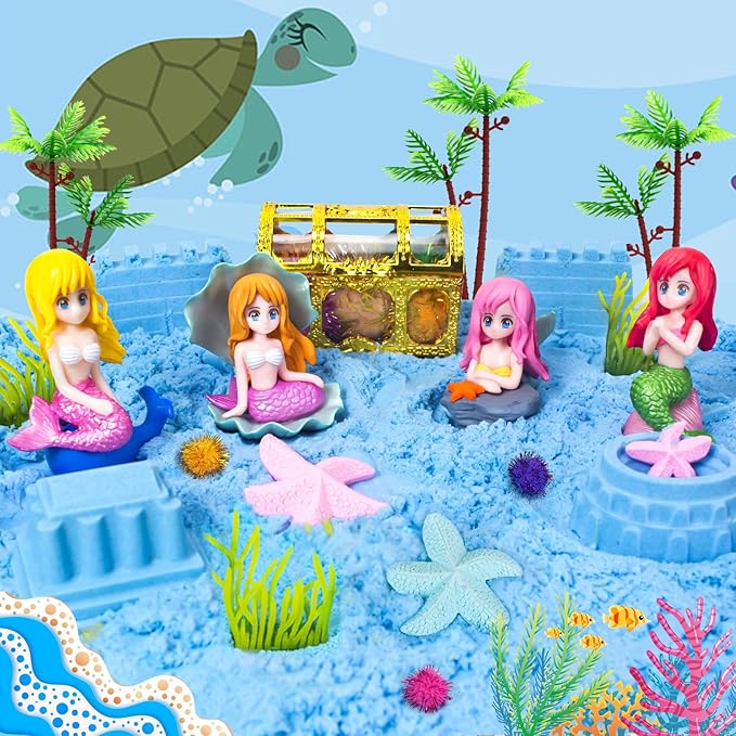 Mermaid Sensory Bin Sandbox Toys for Toddlers Girls Kids- Mermaid Toys for Kids Play Sand Kit Sensory Bin Toy with 2.2 lbs Sand & Castle Mold,Great Christmas Birthday Gift for Girl Boys