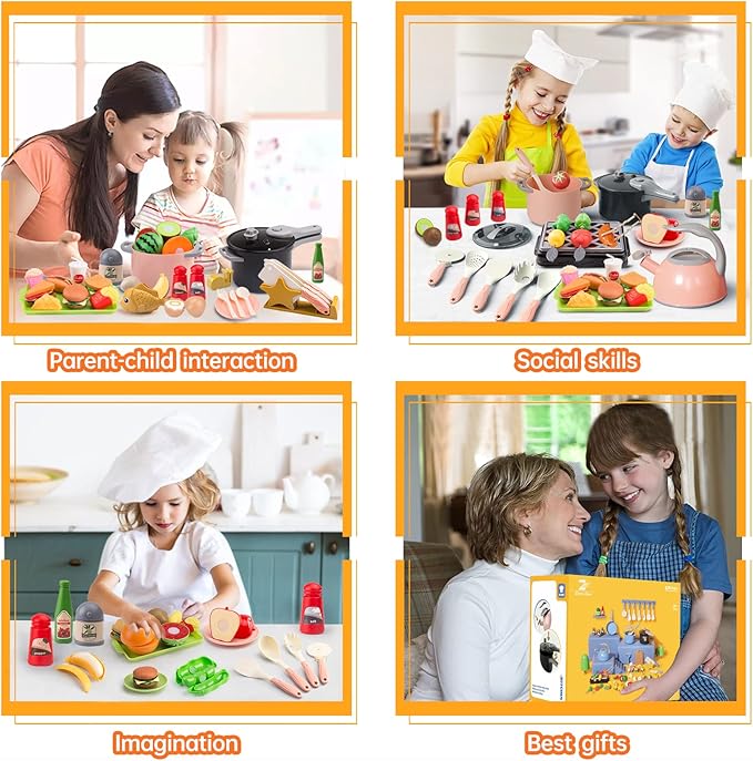 105Pcs Kids Kitchen Toy Accessories, Toddler Pretend BBQ Camping Cooking Playset, Play Pots, Pans, Utensils Cookware Toys, Play Food Set, Vegetables, Learning Gift for Girls Boys