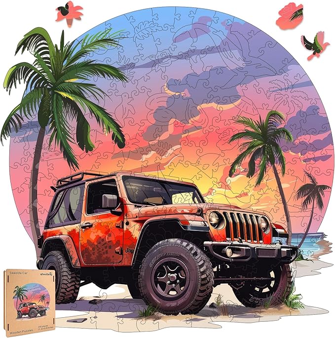 Wooden Puzzles Seaside Car, 200pcs, 12.4x11.4in, Wooden Puzzles for Adults, Unique Shape Animal Adult Puzzles, Irregular Wood Puzzles Best Gift for Adults Family Game