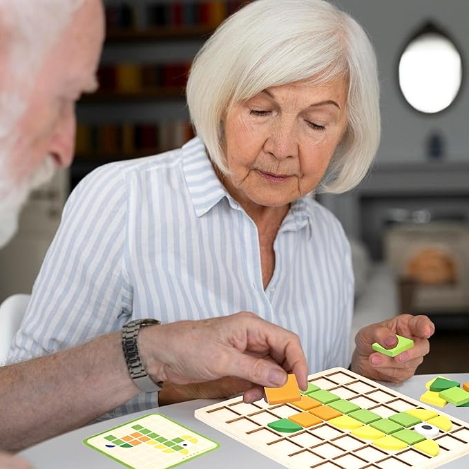 Activities for Dementia Patients, 96 Pieces Wooden Puzzle Games for Seniors, Colorful Shape Pattern Alzheimers Products for Elderly, Tile Matching Memory Cognitive Busy Board Gadgets Gifts