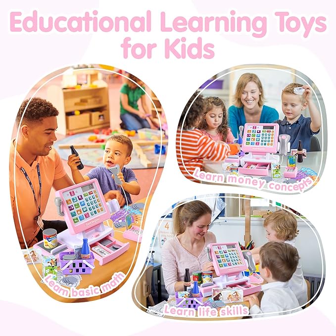 PLAY Kids Cash Register Toy - Pretend Play Calculator Register Toys with Microphone/Conveyors/Play Money/Scanner/Credit Card/Cans/Drink, 3+ Toddler Develops Early Math Skills Learning Toys