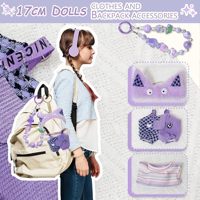 17cm Dolls Clothes, 4 Piece Set Hat Clothes Charms Accessories for Doll, Stylish Adorable Purple17cm Outfits (NO Doll)