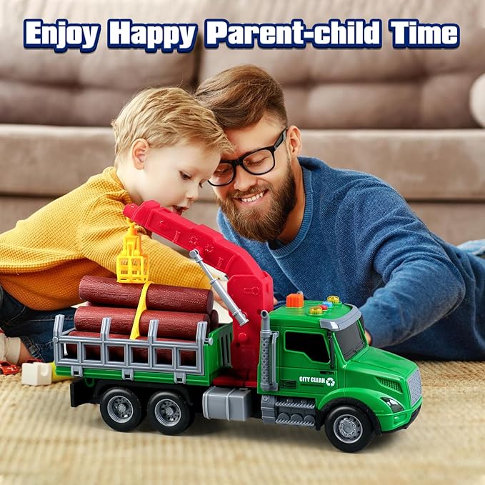 Kids Toys for 3 4 5 6 Year Old Boys,Farm Logging Truck Toy with Loading Crane and 6 Trunks, Lights&Sounds,Friction Powered Truck Kids Birthday Gifts for Boys Girls