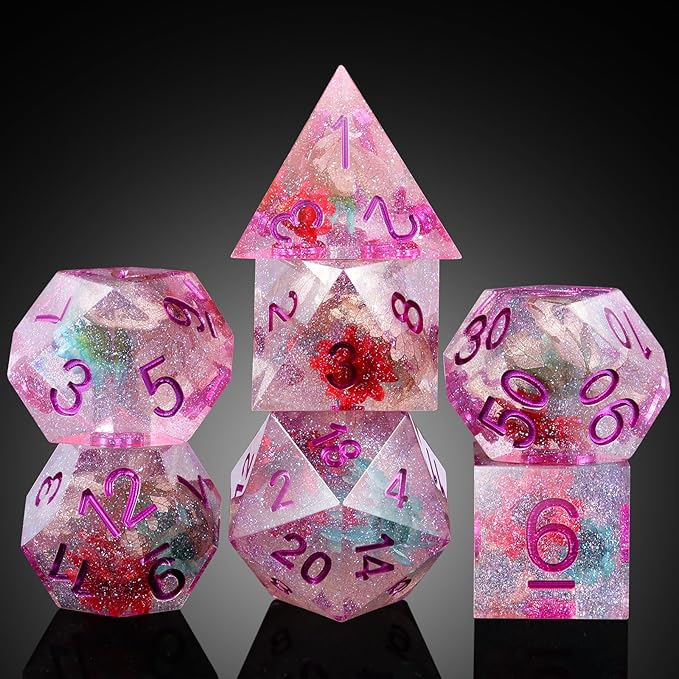 Resin DND Dice, DNDND Handmade Flowers Sharp Edge D&D Die Set with Gift Case for D&D Dungeons and Dragon Tabletop Games (Matt Purple)