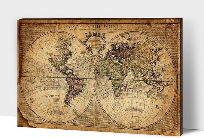 Vintage World Map Canvas Wall Art, Beige Nautical Map Background Pictures Print on Canvas for Office Decor, Antique Earth Map Framed Art for School- Living Room Wall Decoration 18x12 Inches