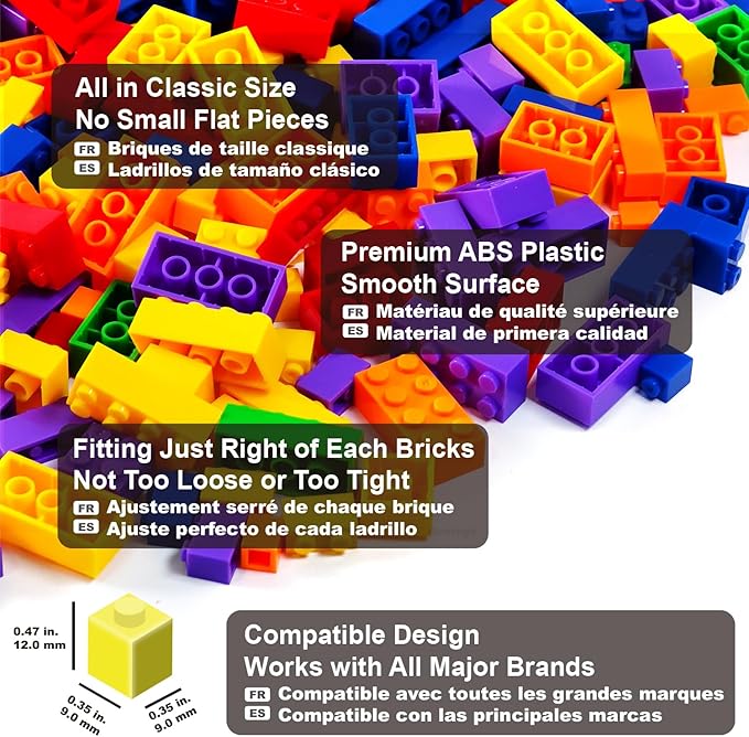 Building Bricks 1000 Pieces in Rainbow Colors, Classic Generic Building Blocks Toy for Boys & Girls, Educational Building Toys for Classroom, School, Toys for Kids Aged 4+