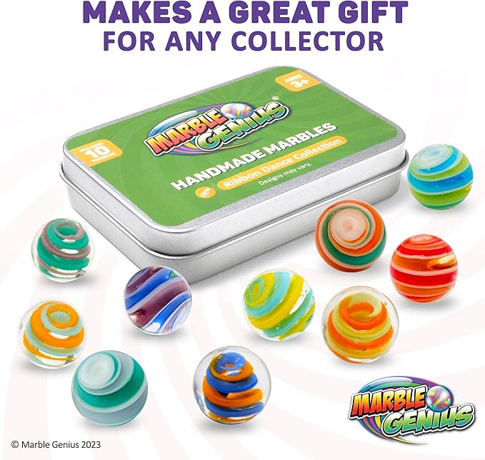 Marble Genius Collectors Marbles, Ribbons, 16mm (⅝ Inch), 10 Handmade Glass Marbles, Gifts for Marble Lovers, Gifts for Kids Ages 3+