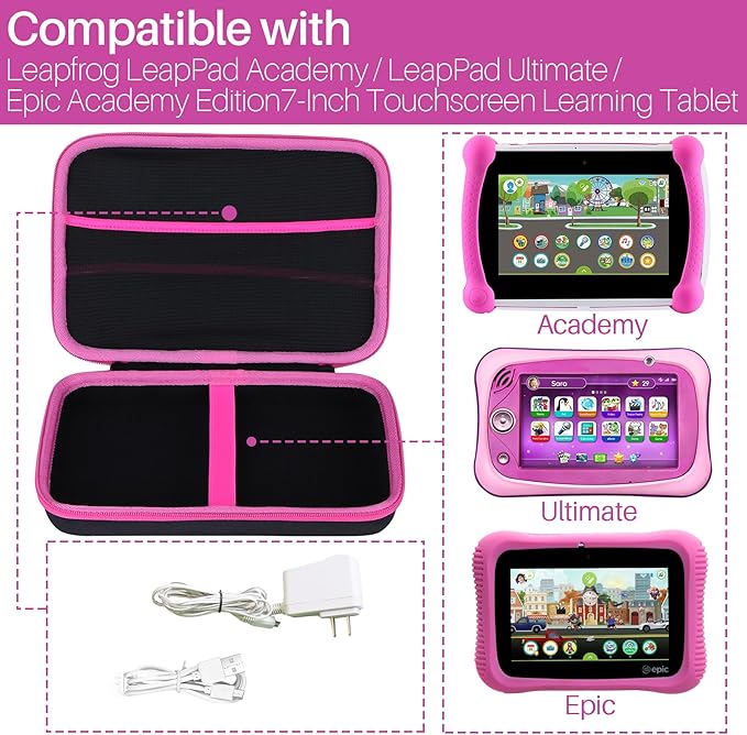 Storage Case Compatible with Leapfrog LeapPad Academy/LeapPad Ultimate/Epic Academy Edition 7-Inch Touchscreen Learning Tablet (Black + Pink Case)
