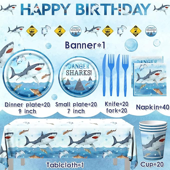 Shark Birthday Party Decorations, 142Pcs Shark Birthday Supplies Tableware Set Includes Plates and Napkins, Cups, Banner, Tablecloth for Baby Shower Ocean Shark Under The Sea Theme Party Supplies