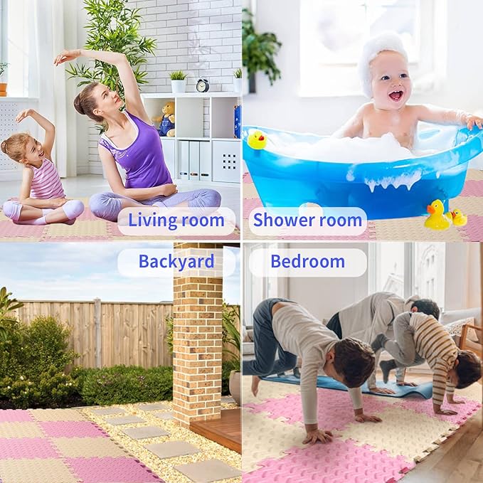 36 Tiles Foam Play Mat for Baby, 0.4 Inch Thick Foam Interlocking Floor Mats, Soft Non-Toxic Baby Playmat, Solid Colored Puzzle Play Mat Kids Floor Mats for Toddler(Beige/Pink)