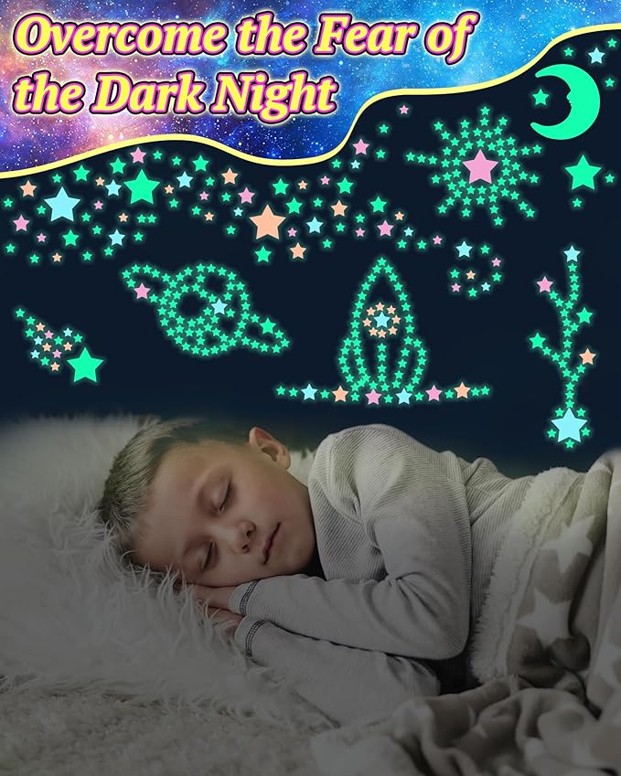 201 Pcs Glow in The Dark Stars Stickers for Ceiling, Toddler Stocking Stuffers Wall Room Decor Gifts, Luminous 3D Glowing Stars Easter Basket Stuffers for Kids Boys Girls - Multi