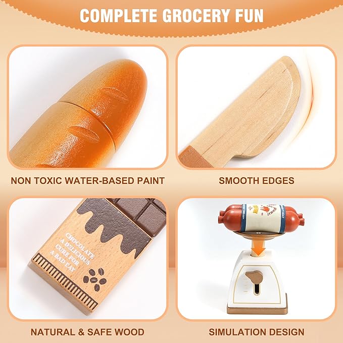 Wooden Play Food Set for Kids Toddlers, Grocery Store Pretend Play Food, Pretend Grocery Shopping & Play Kitchen Accessories for Boys Girls