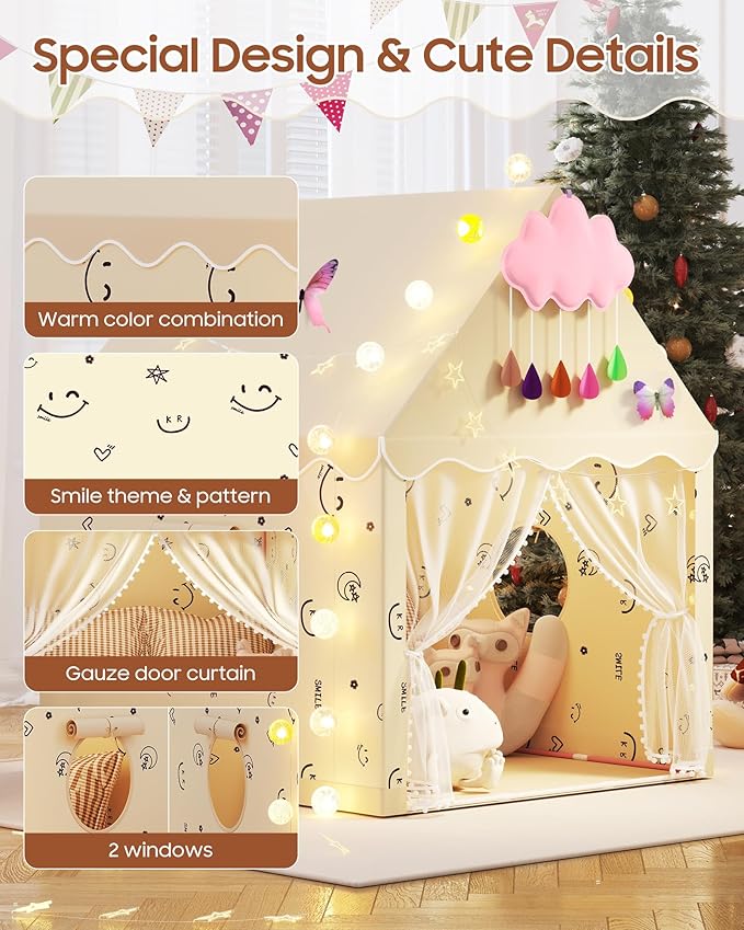 Kids Play Tent, Princess Tent Indoor Playhouse Set with Star Lights, Ball Lights, Colorful Flags, Butterflies, Clouds - Large Tents for Kids Toddle Castle for Girls Toy House Gift