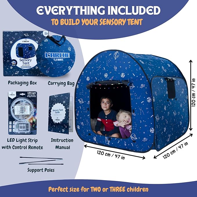 L’ARCHE Sensory Tent for Kids with LED Lights & Remote Blackout Pop-Up Calm Down for Autism, ADHD & SPD Indoor Sensory Room Play Tent Foldable & Portable (Space Theme, Big 47.2 inches)