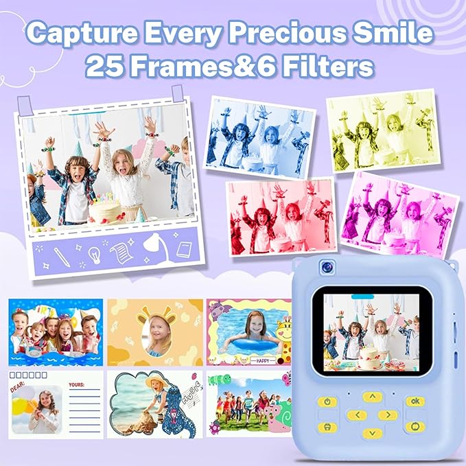 Instant Print Camera for Kids, 1080P Video Camera with 3 Print Rolls, 32GB Card & Cute Cover, Gift for Girls Boys Age 3-12, Toddler Digital Camera with Games, Filters, Music – Blue