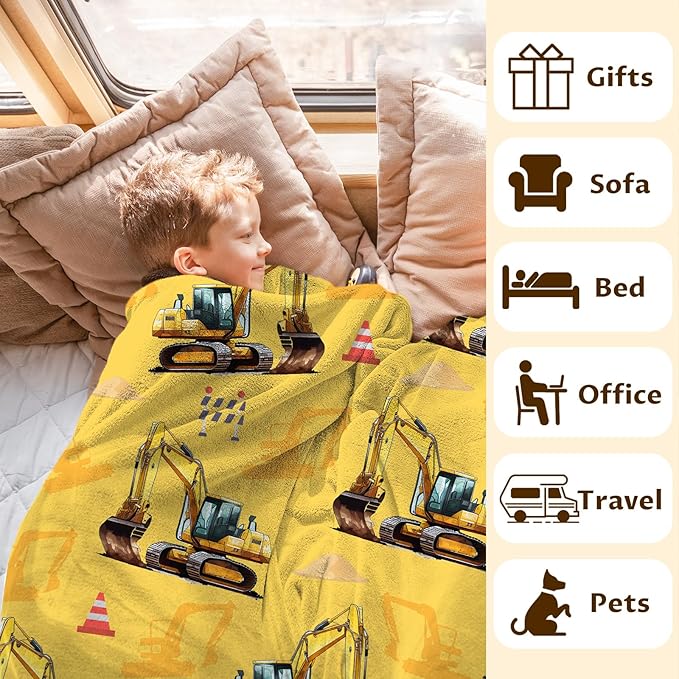 Kids Blanket Excavator Throw Blankets for Kids Adults, 30x40 Inches Cozy Soft Cute Digger Decor Throw for Sofa Couch Bedroom Office