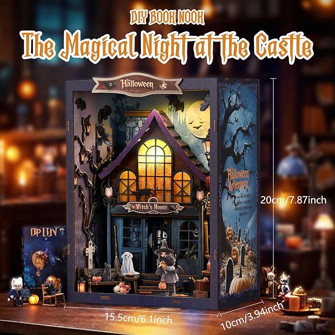 Book Nook Kit for Adults, 3D DIY Wooden Holiday Theme Miniature House Craft Kit Bookshelf Christmas Decor Halloween Birthday Gift