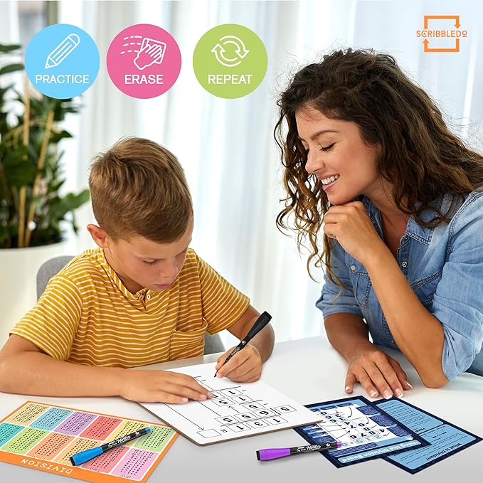 SCRIBBLEDO Dry Erase Division White Board 9x12Inch Small Division Chart Durable Portable Double Sided Math Manipulatives Practice Whiteboard for Kids Students Classroom and Home Long Division Lapboard