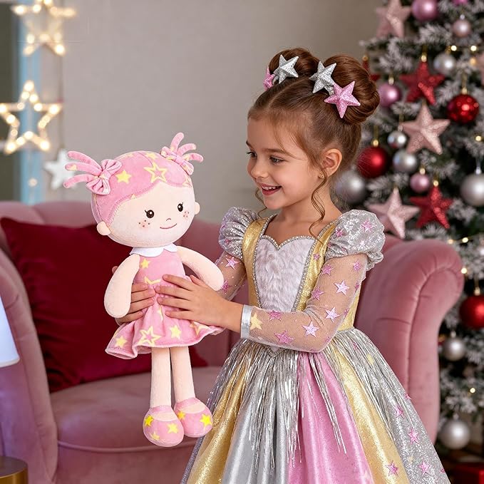Onetoo First Baby Doll Plush Baby Girls Dolls Rag Doll Soft Baby Doll for Girls Sleeping Cuddle Buddy Doll Wear Star Pink Sleeveless Dress 14"