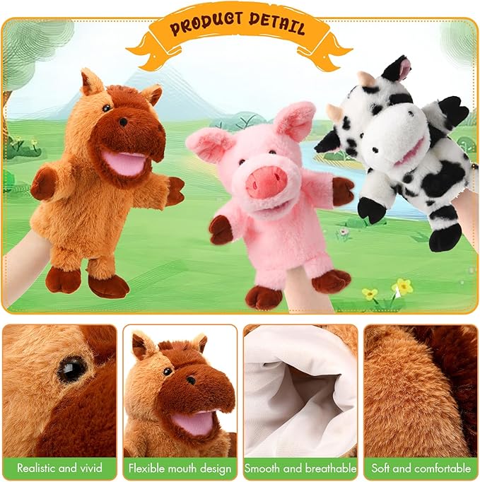 Lenwen 6 Pcs Operation Christmas Items Bulk Animal Hand Puppets with Working Mouth 10 Inches Plush Puppets for Toddler Kid Storytelling Imaginative Role Play Show Party Gifts(Farm Animal)